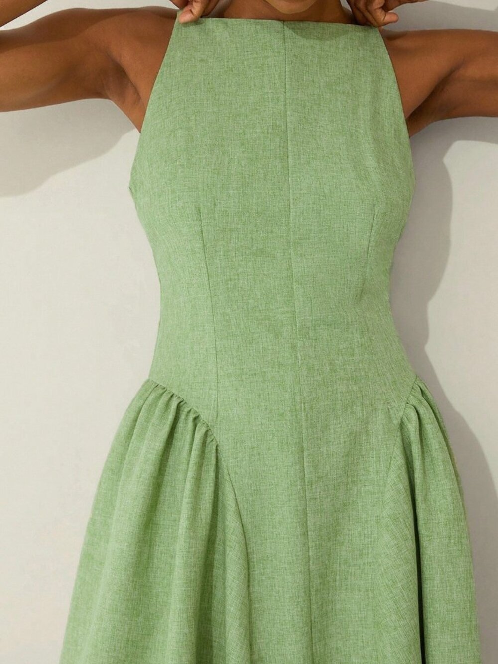 Green Elegant Women's Off-Shoulder Sleeveless Ruched Waist Flared Dress